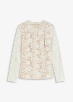 bonprix bonprix Camisetas|Novedades>Camiseta de encaje de manga larga Blanco lana