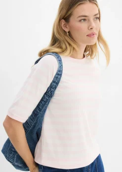 bonprix bonprix Básicos|Camisetas>Camiseta de felpa suave rosa claro-blanco lana con rayas