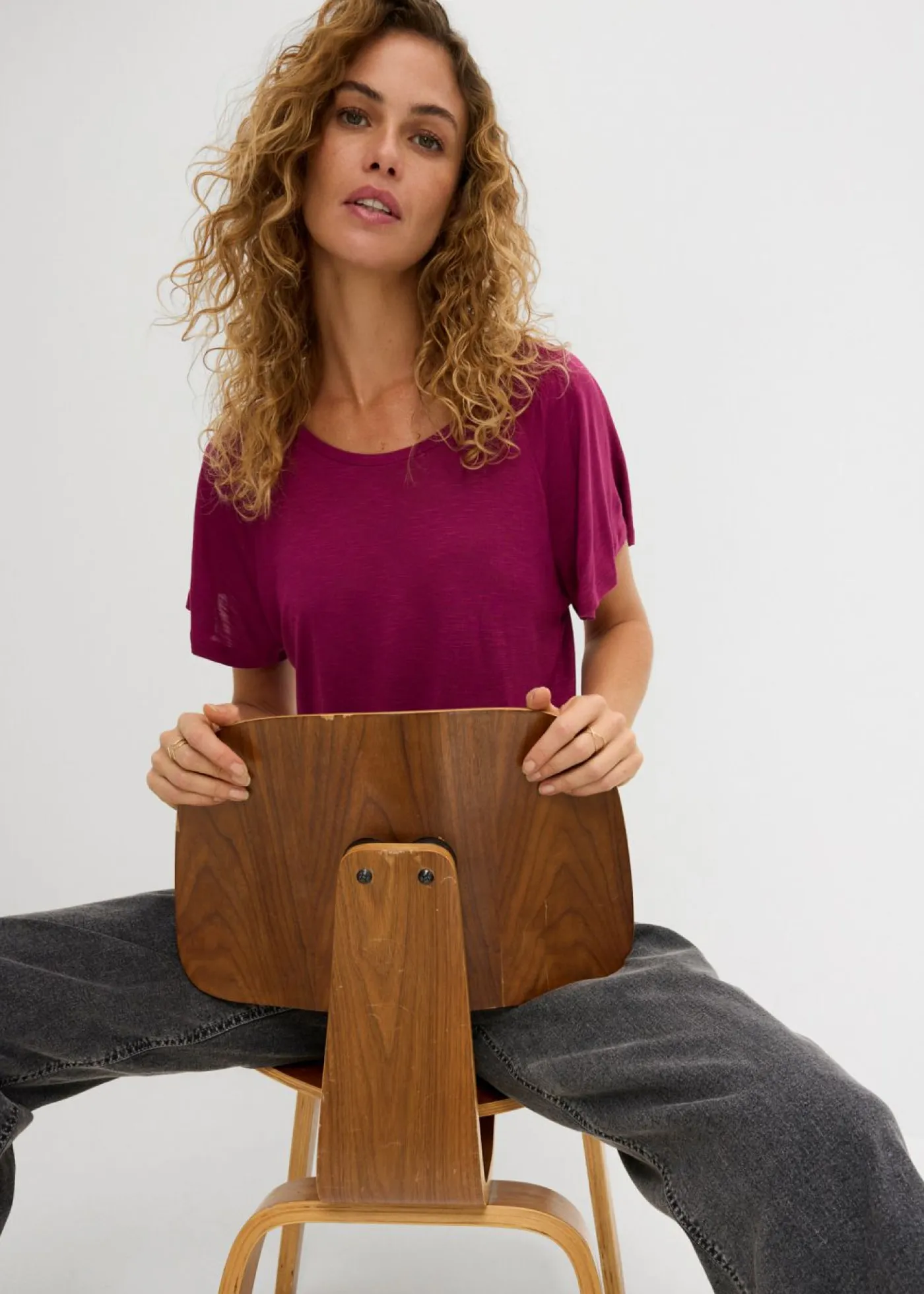 Mujer bonprix bonprix Camiseta de hilo flameado con mangas de murciélago