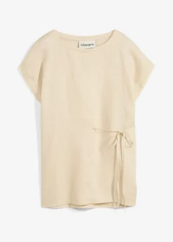 bonprix bonprix Premium|Camisetas>Camiseta de lino puro con ribete tejido Arena claro