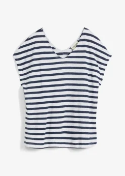 bonprix bonprix Premium|Camisetas>Camiseta de lino puro con mangas tipo murciélago azul marino-blanco con rayas