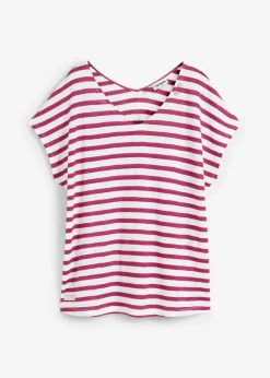 bonprix bonprix Premium|Camisetas>Camiseta de lino puro con mangas tipo murciélago violeta/blanco con rayas