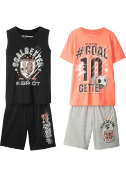bonprix bonprix Ropa 9 A 16 Años·Camisetas|Ropa 9 A 16 Años·Shorts>Camiseta de manga corta + camiseta sin mangas + bermudas (4 piezas) negro/vnaranja neón/gris claro jaspeado