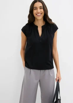 bonprix bonprix Camisetas>Camiseta de manga corta con escote henley de mezcla de viscosa Negro