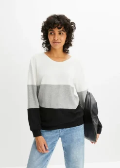 bonprix bonprix Camisetas>Camiseta de manga larga Blanco lana-gris claro-negro de rayas