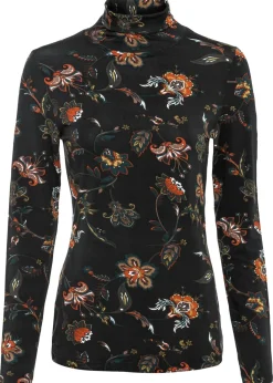 bonprix bonprix Camisetas>Camiseta de manga larga con cuello vuelto Negro de flores