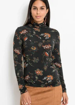bonprix bonprix Camisetas>Camiseta de manga larga con cuello vuelto Negro de flores