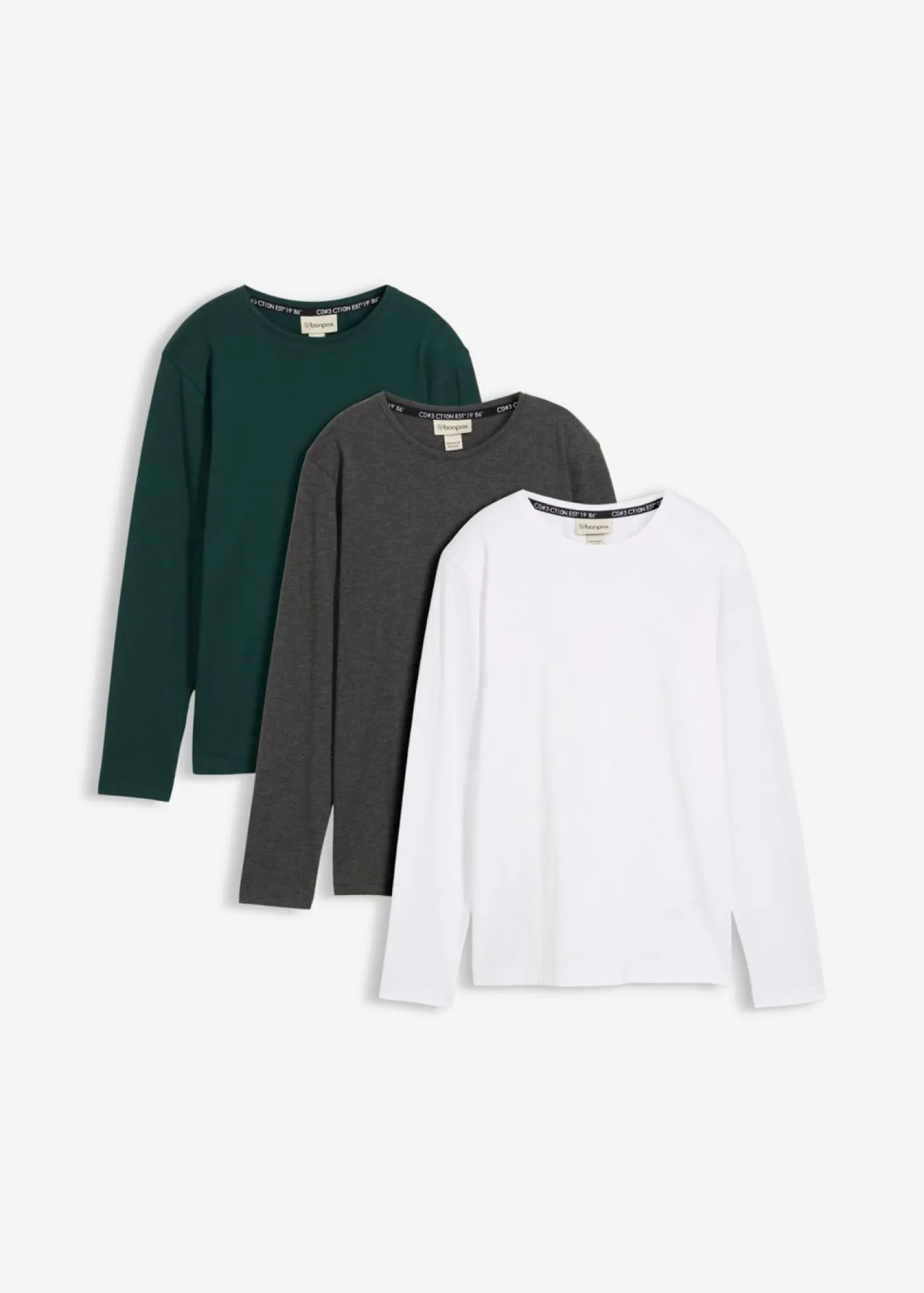 bonprix bonprix Ropa 9 A 16 Años·Camisetas|Ropa 9 A 16 Años·Packs De Ropa>Camiseta de manga larga con algodón orgánico (3 unidades) blanco/verde intenso/antracita jaspeado