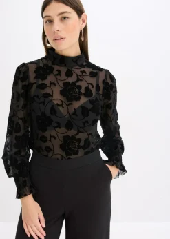 bonprix bonprix Camisetas>Camiseta de manga larga con leve transparencia Negro