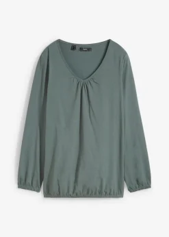 bonprix bonprix Camisetas>Camiseta de manga larga con elástico de algodón puro Verde eucalipto