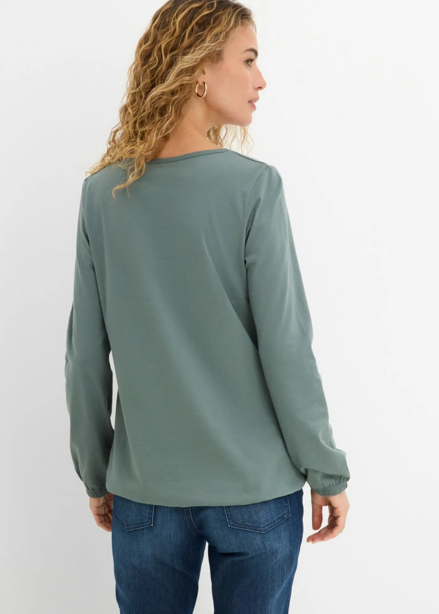 bonprix bonprix Camisetas>Camiseta de manga larga con elástico de algodón puro Verde eucalipto