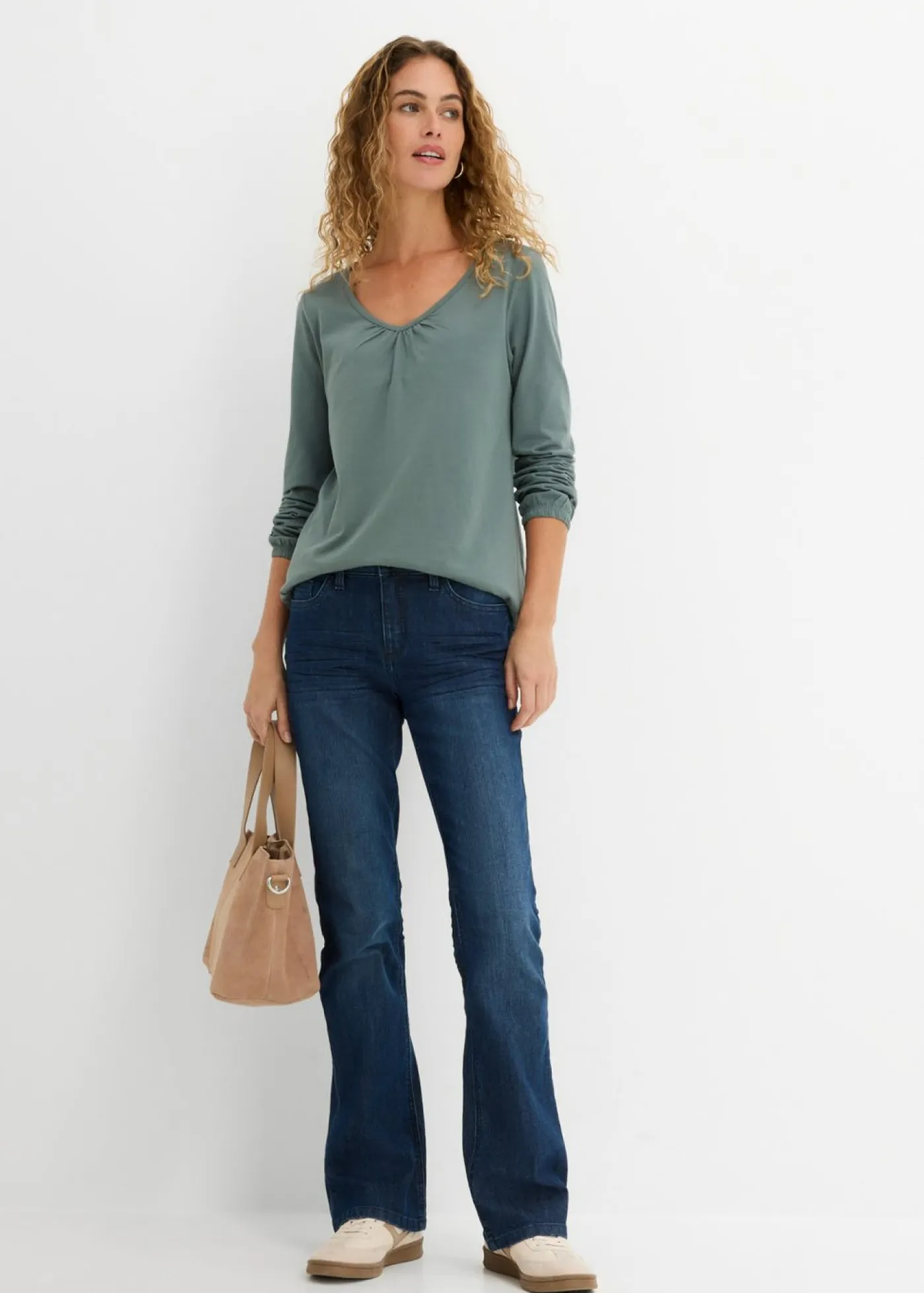 bonprix bonprix Camisetas>Camiseta de manga larga con elástico de algodón puro Verde eucalipto