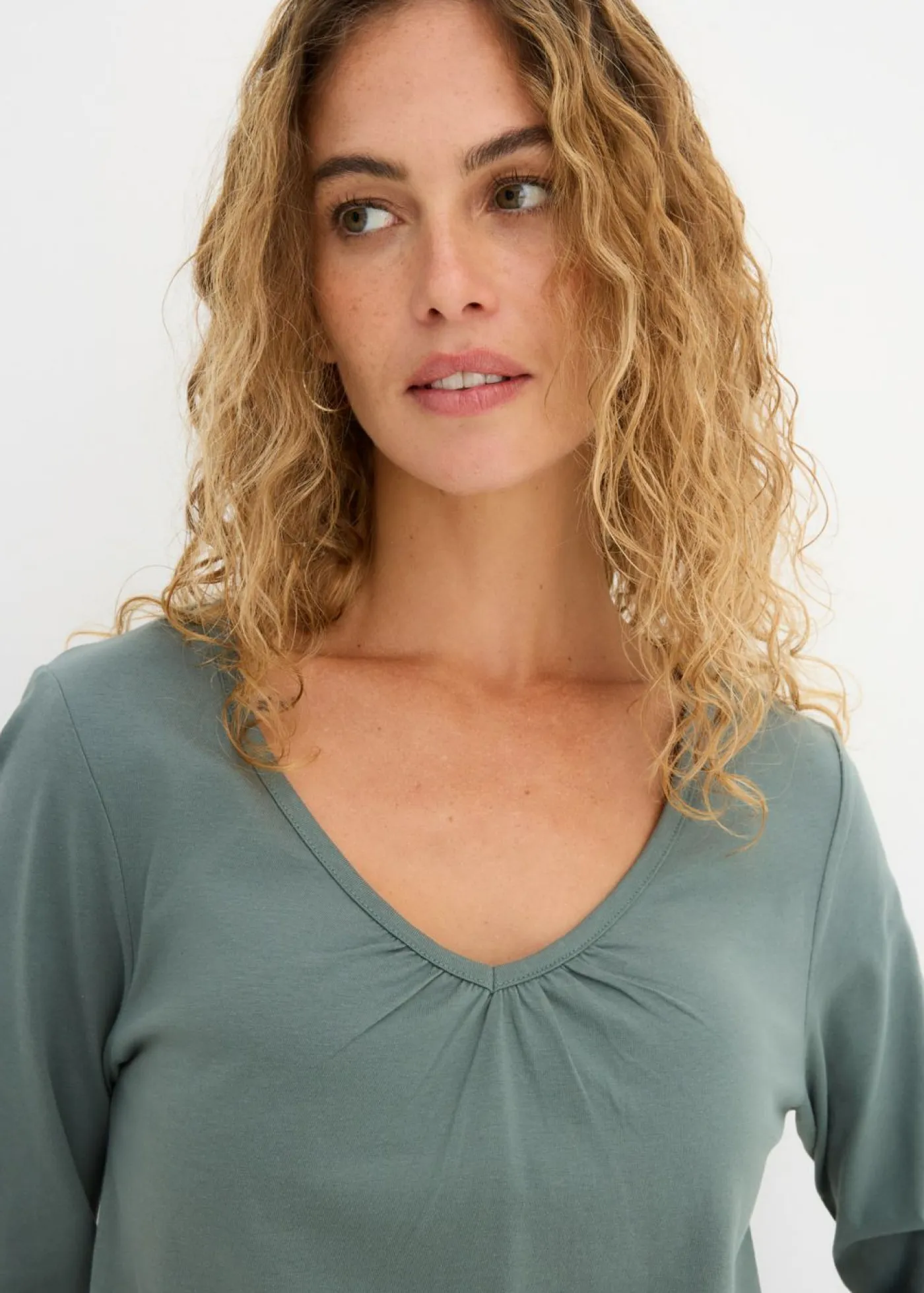 bonprix bonprix Camisetas>Camiseta de manga larga con elástico de algodón puro Verde eucalipto