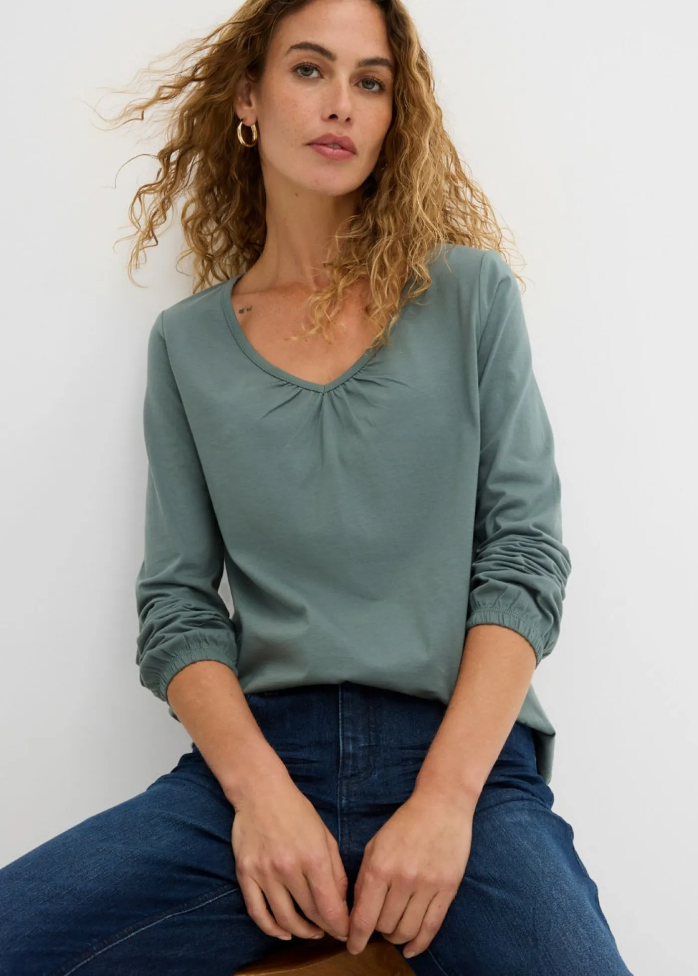 bonprix bonprix Camisetas>Camiseta de manga larga con elástico de algodón puro Verde eucalipto