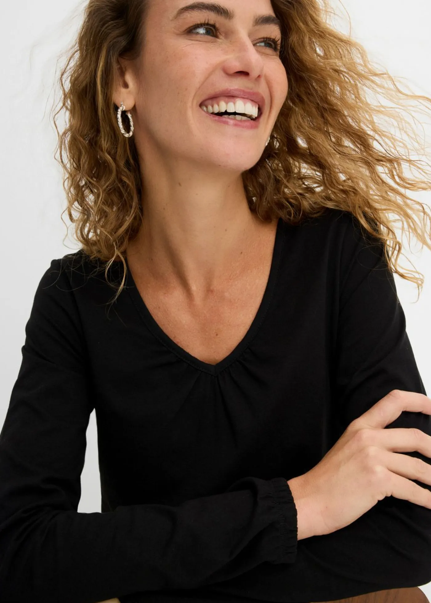 Mujer bonprix bonprix Camiseta de manga larga con elástico de algodón puro