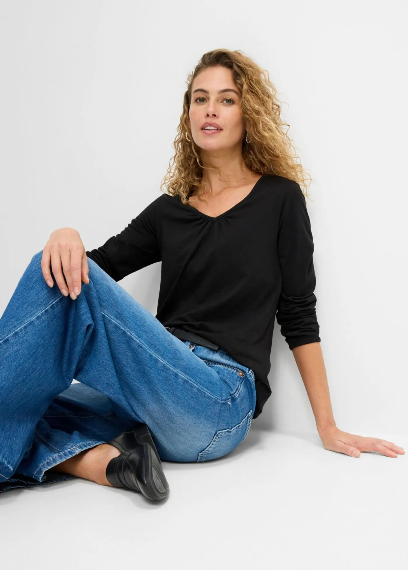 Mujer bonprix bonprix Camiseta de manga larga con elástico de algodón puro