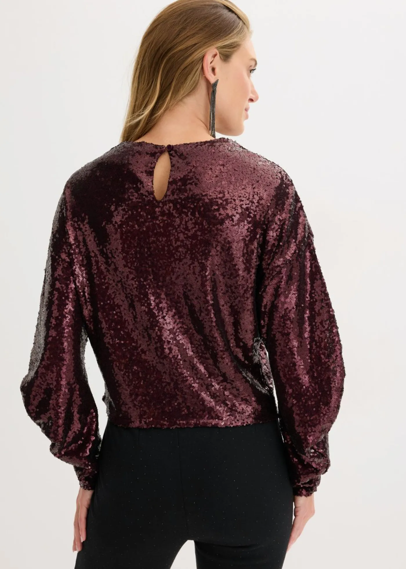 bonprix bonprix Camisetas>Camiseta de manga larga con lentejuelas rojo burdeos