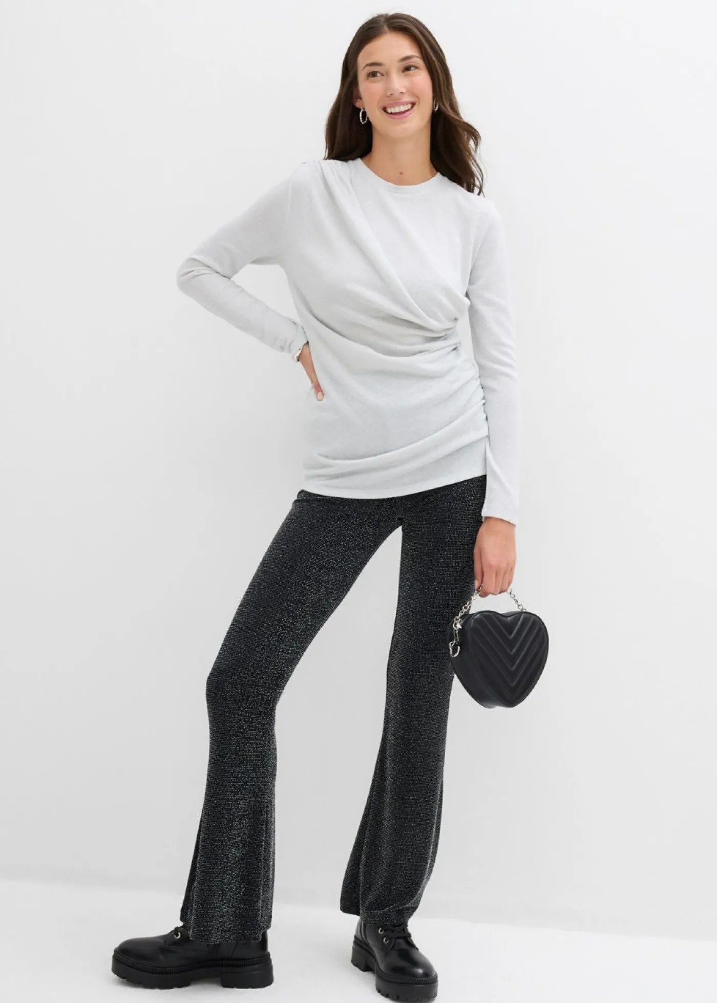 bonprix bonprix Camisetas>Camiseta de manga larga con fruncidos Plata