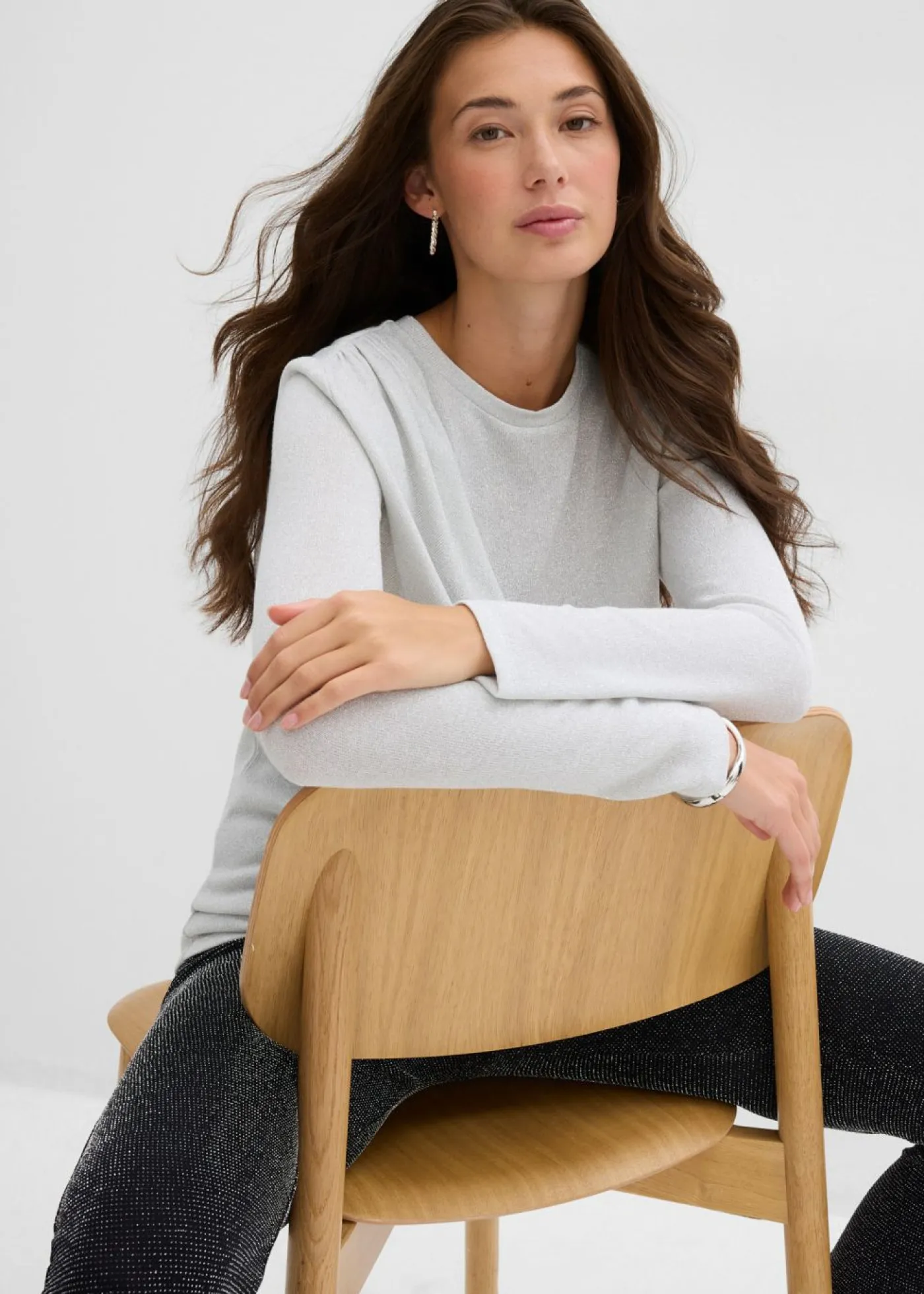 bonprix bonprix Camisetas>Camiseta de manga larga con fruncidos Plata