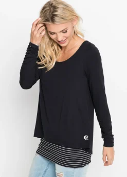 bonprix bonprix Camisetas>Camiseta de manga larga con doble capa Negro-blanco de rayas horizontales