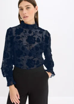 bonprix bonprix Camisetas>Camiseta de manga larga con leve transparencia Azul marino