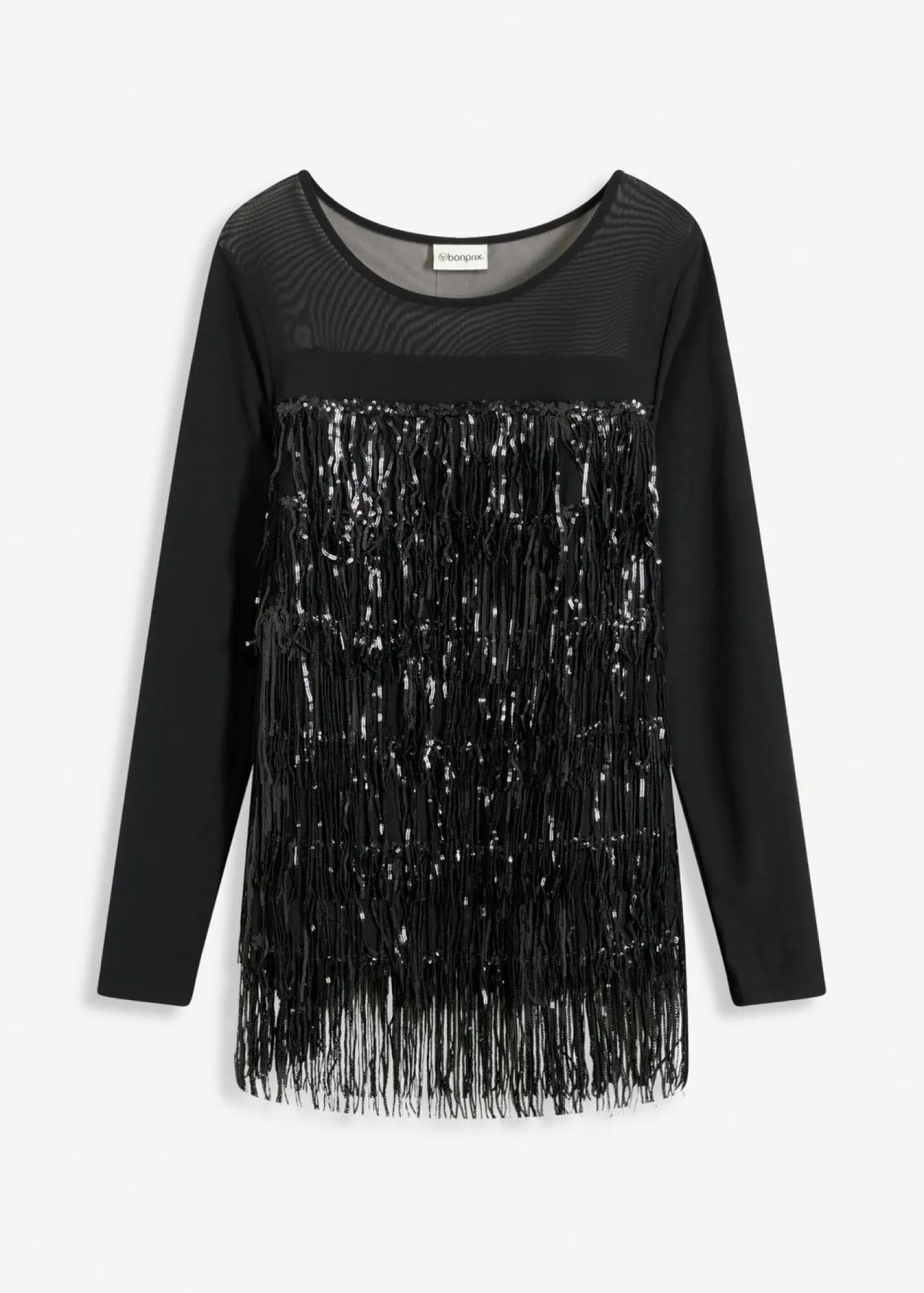 bonprix bonprix Camisetas>Camiseta de manga larga con flecos de lentejuelas Negro