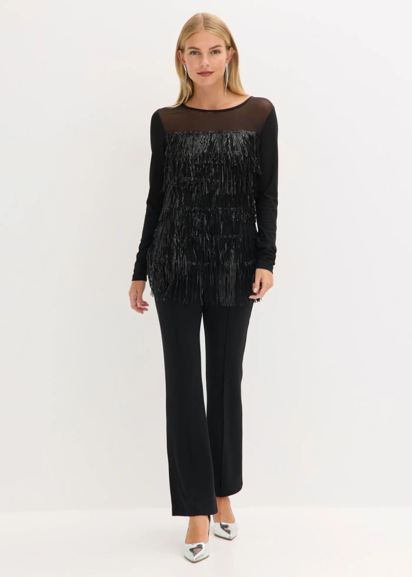 bonprix bonprix Camisetas>Camiseta de manga larga con flecos de lentejuelas Negro