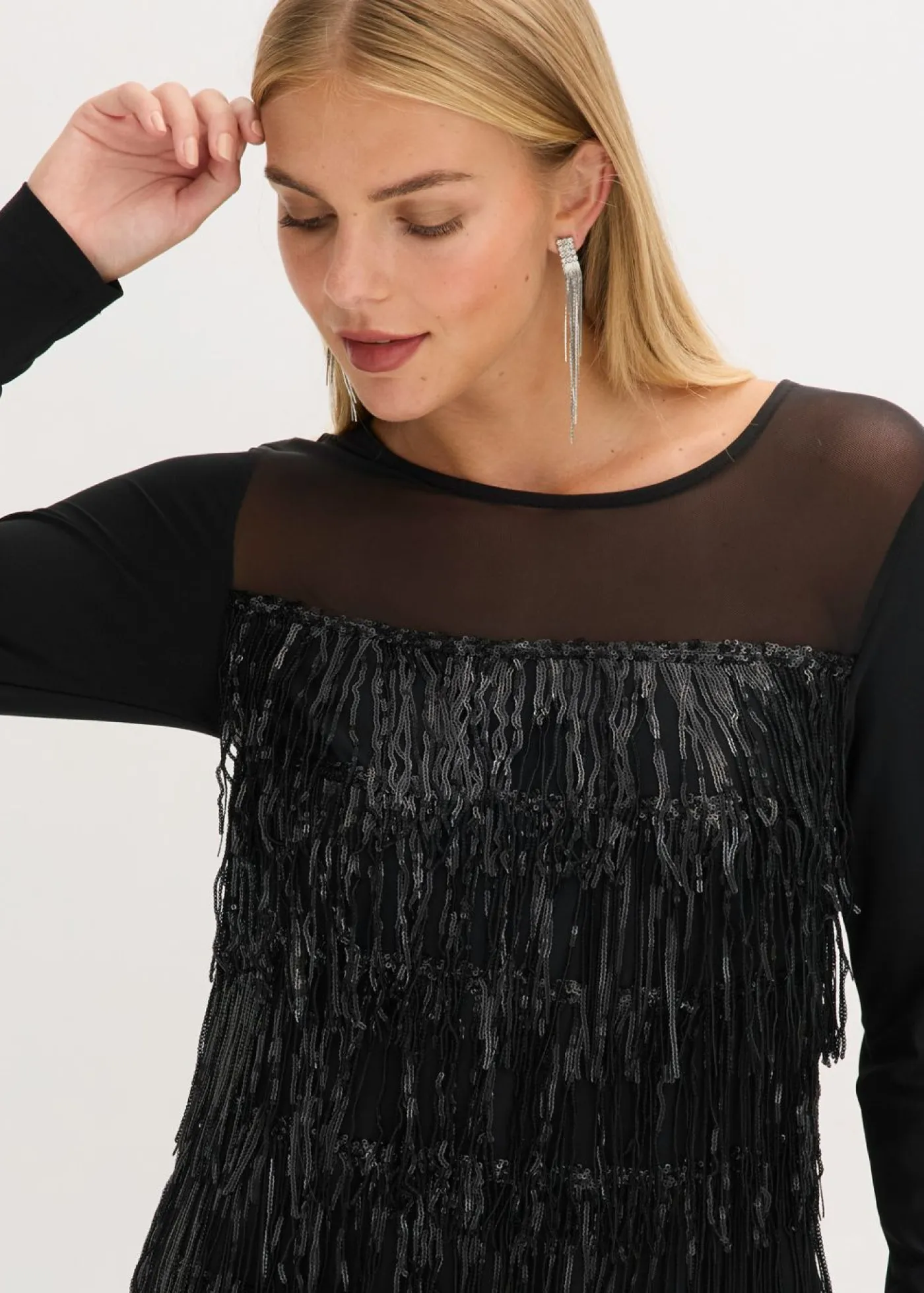 bonprix bonprix Camisetas>Camiseta de manga larga con flecos de lentejuelas Negro