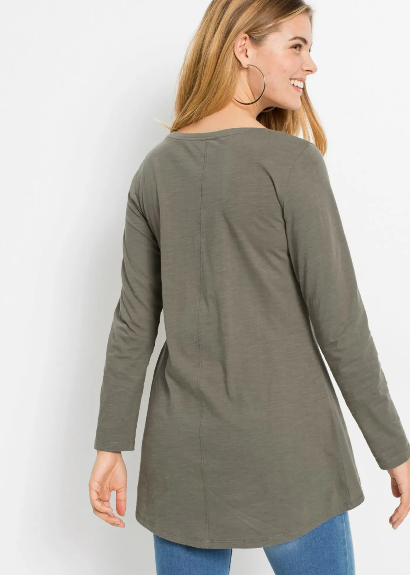 bonprix bonprix Camisetas>Camiseta de manga larga de algodón puro Verde oliva