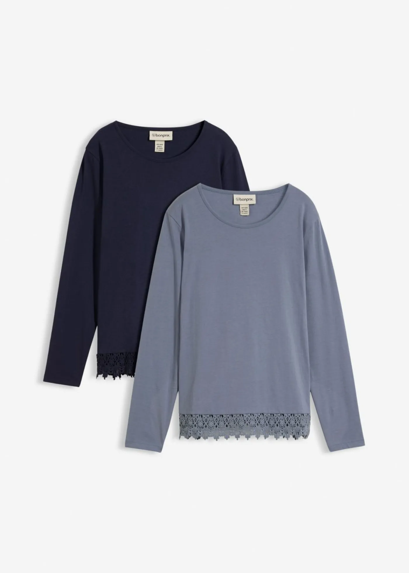 bonprix bonprix Camisetas|Novedades>Camiseta de manga larga de algodón puro (2 unidades) azul ahumado-azul marino