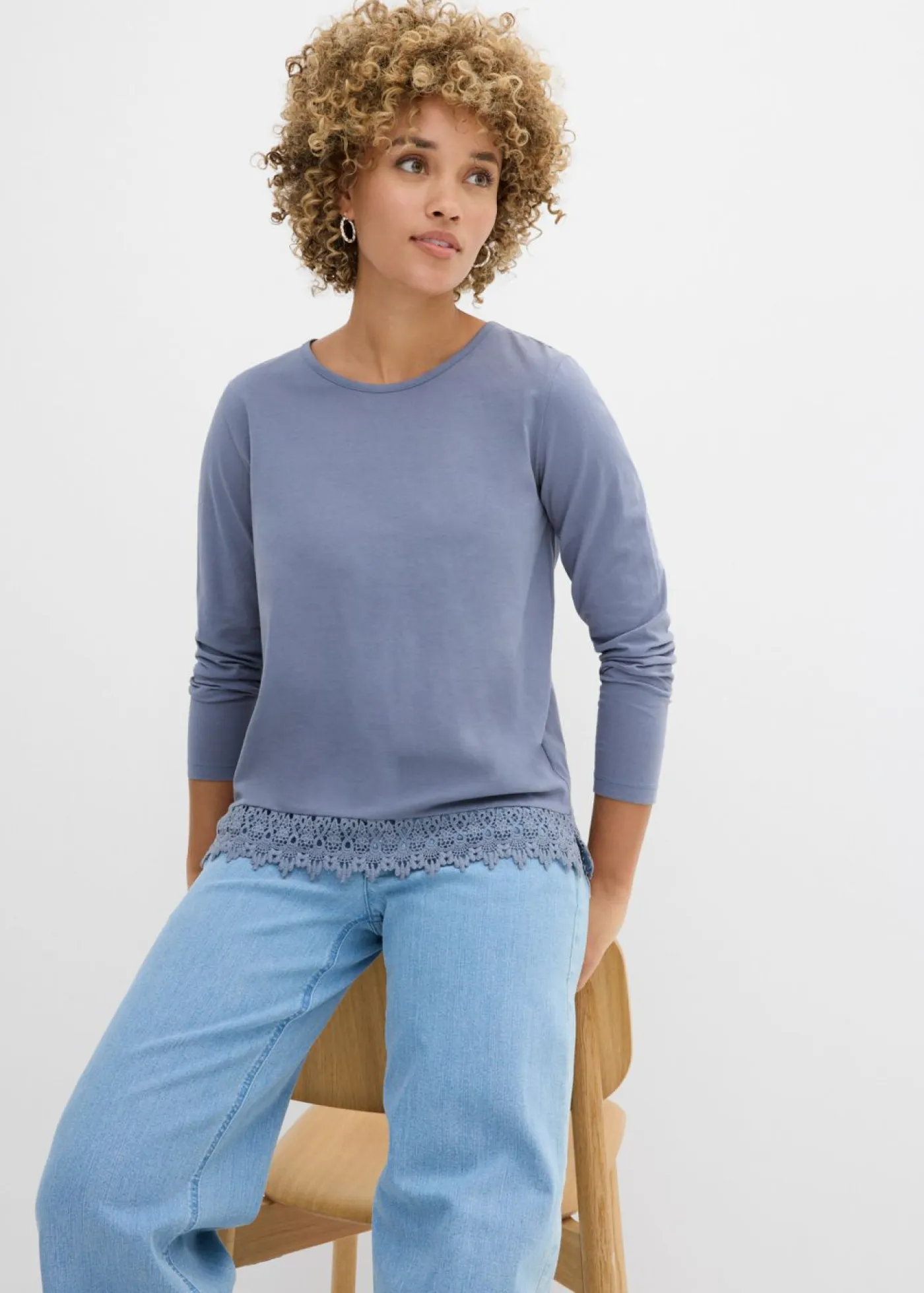 bonprix bonprix Camisetas|Novedades>Camiseta de manga larga de algodón puro (2 unidades) azul ahumado-azul marino