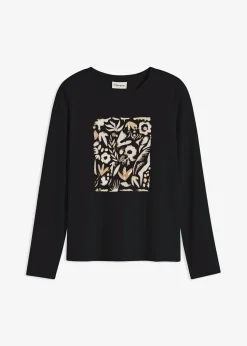 bonprix bonprix Camisetas>Camiseta de manga larga de algodón orgánico negro-gris guijarro-marrón moka