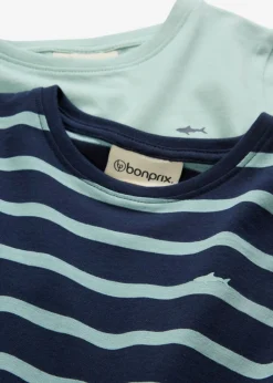 bonprix bonprix Ropa 2 A 9 Años·Multipack|Ropa 2 A 9 Años·Camisetas>Camiseta de manga larga de algodón orgánico puro (2 unidades) Azul verdoso + azul marino/azul verdoso de rayas
