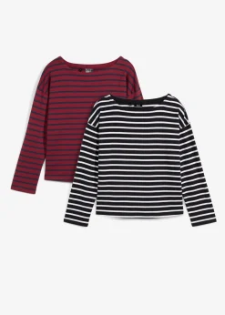 bonprix bonprix Básicos|Camisetas>Camiseta de manga larga de algodón orgánico puro (2 unidades) Rojo rubí/azul marino de rayas + negro/blanco de rayas