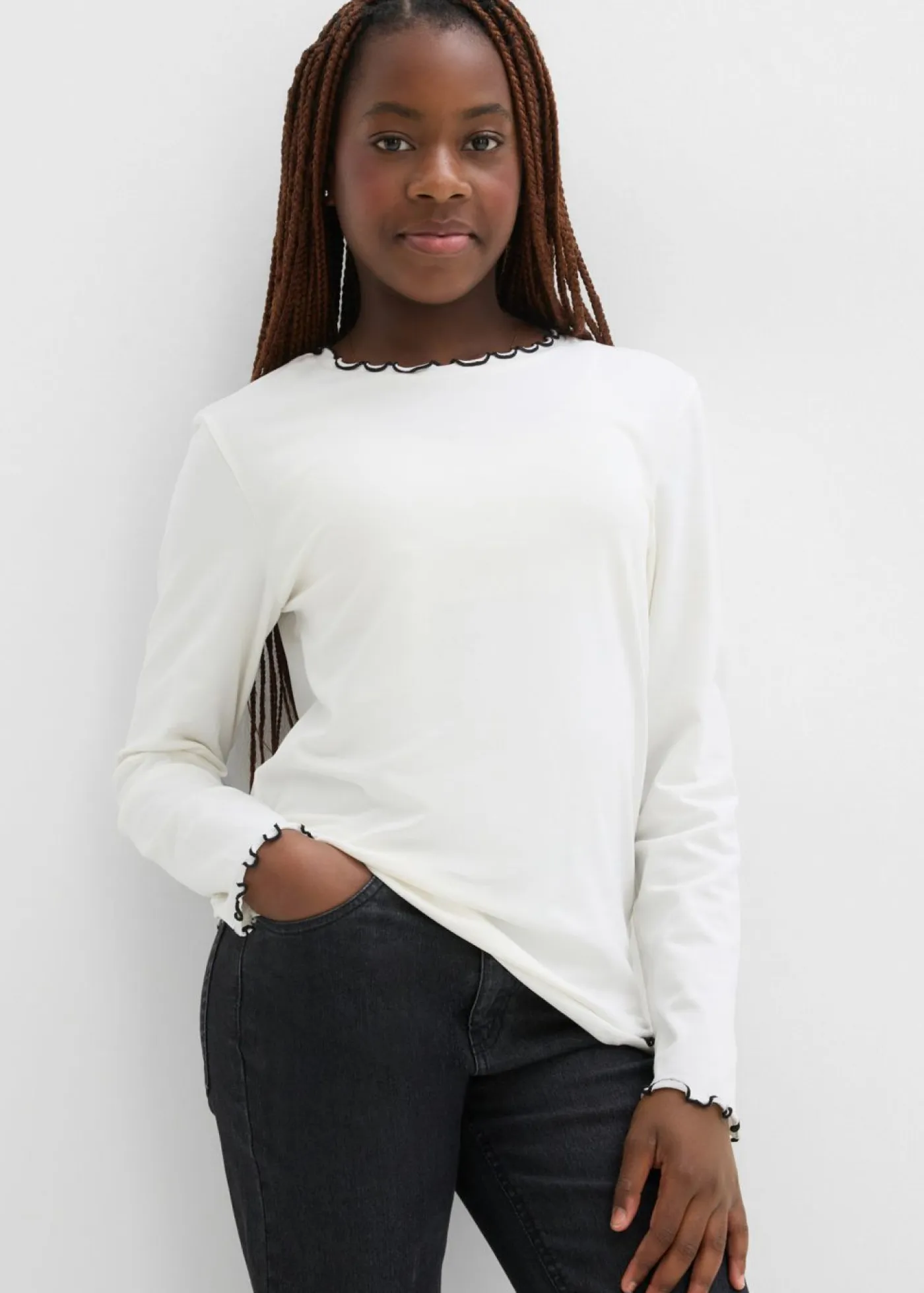 bonprix bonprix Ropa 9 A 16 Años·Camisetas Y Camisas|Ropa 9 A 16 Años·Packs De Ropa>Camiseta de manga larga de mezcla de algodón orgánico elástico (2 unidades) blanco lana+negro+rojo burdeos+rosa oscuro