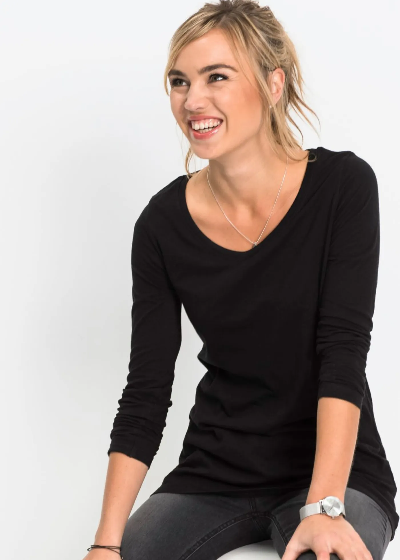 bonprix bonprix Camisetas>Camiseta de manga larga de algodón puro Negro