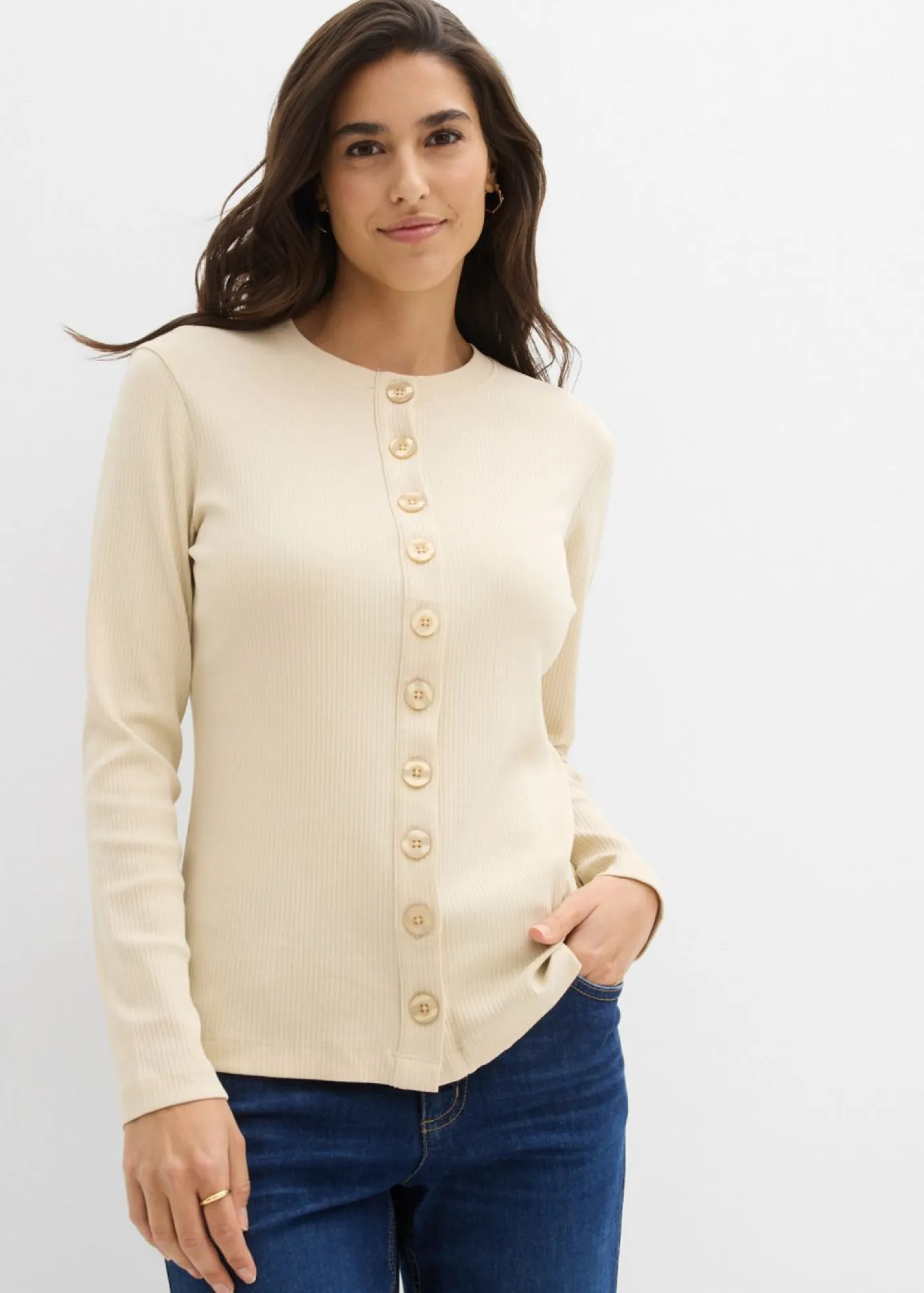 Mujer bonprix bonprix Camiseta de manga larga de canalé de algodón puro