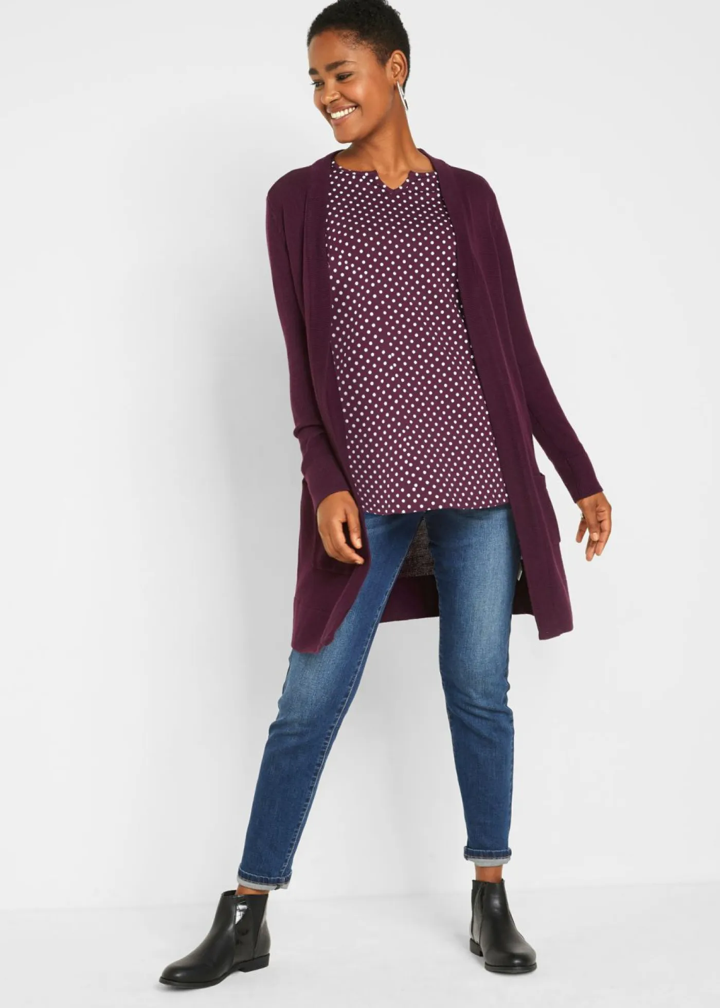 Mujer bonprix bonprix Camiseta de manga larga de lunares con aberturas laterales