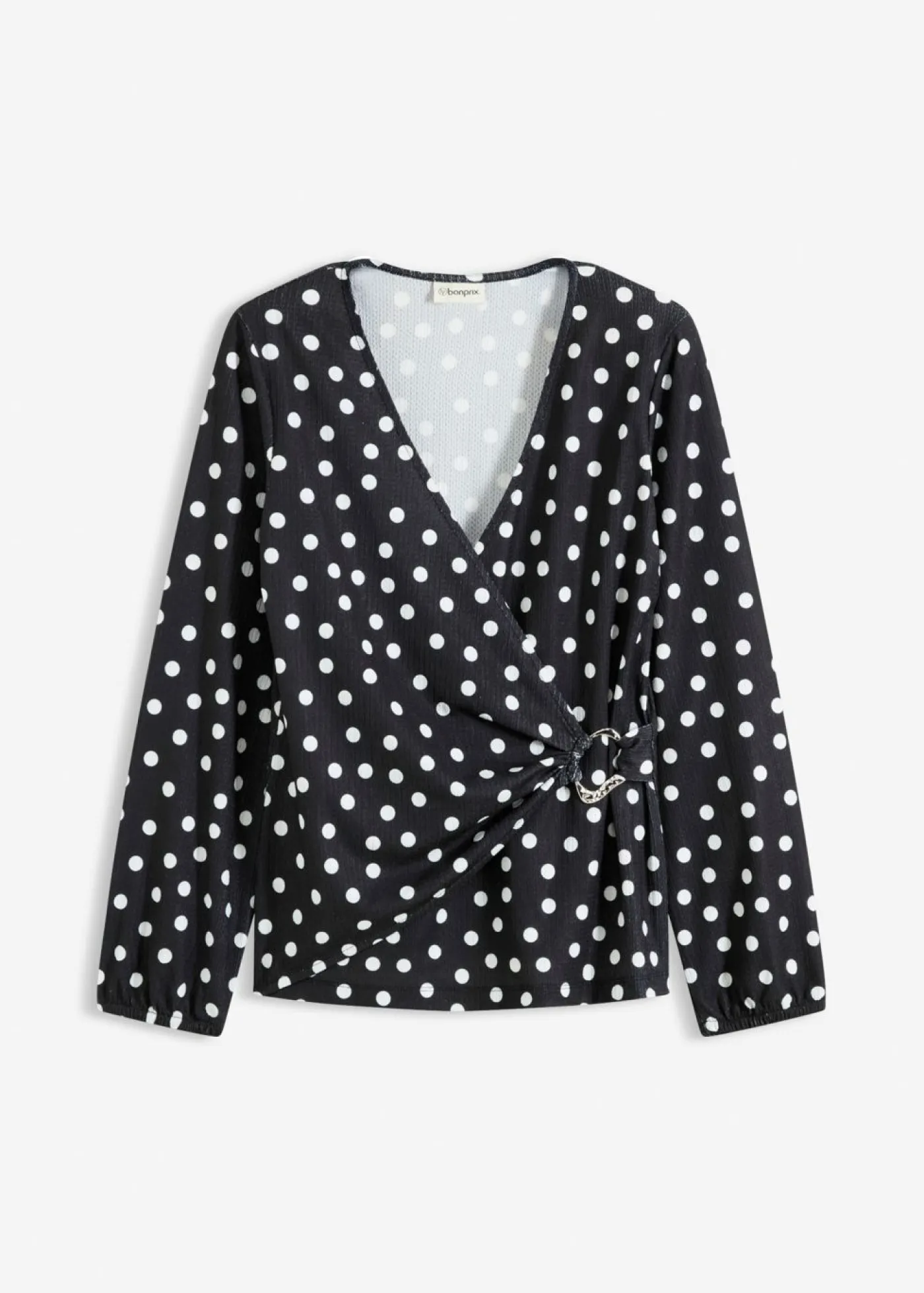 bonprix bonprix Camisetas>Camiseta de manga larga de punto estructurado negro - blanco topos