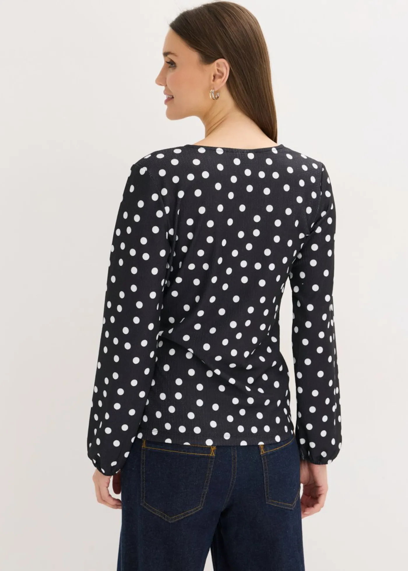 bonprix bonprix Camisetas>Camiseta de manga larga de punto estructurado negro - blanco topos