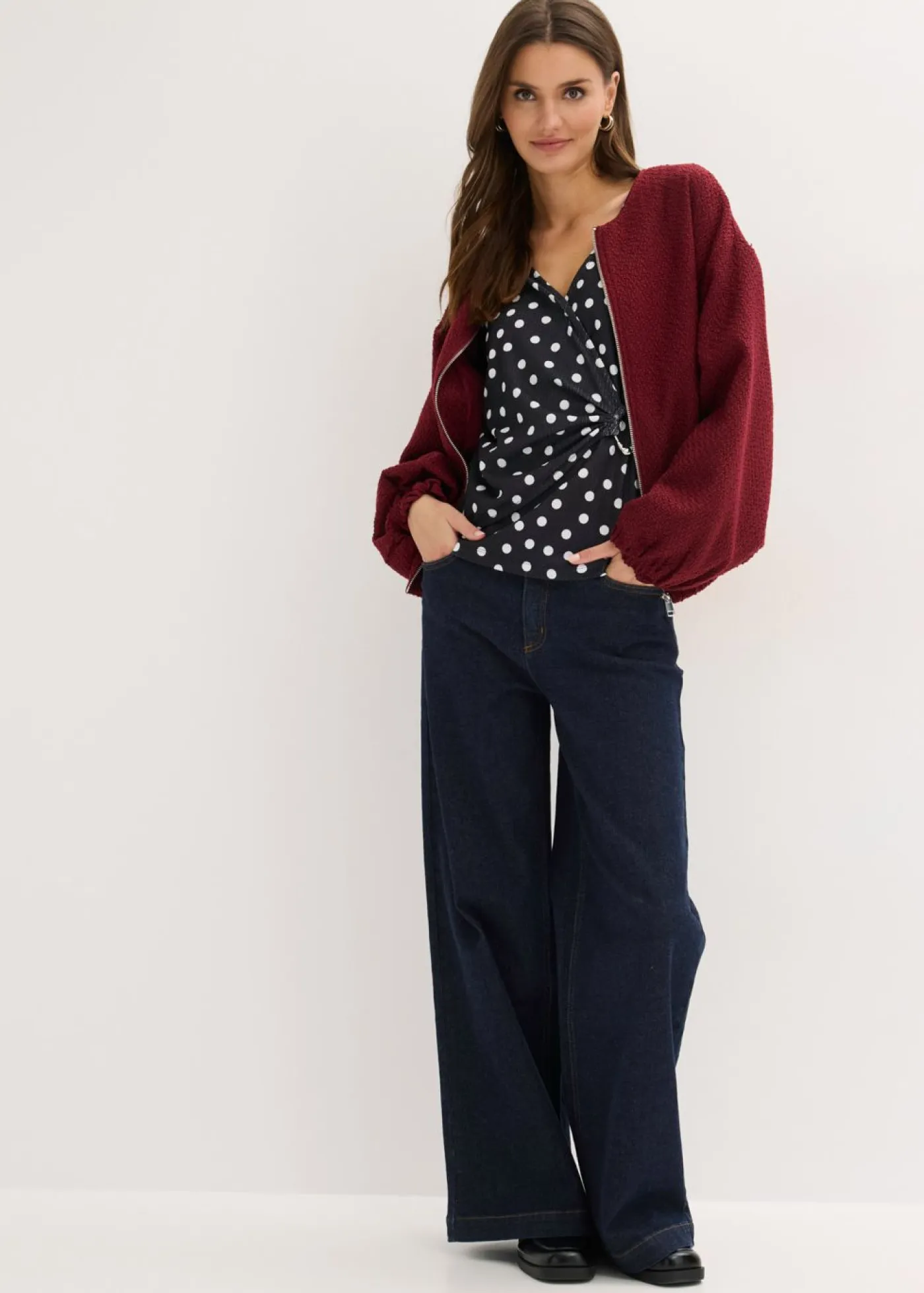 bonprix bonprix Camisetas>Camiseta de manga larga de punto estructurado negro - blanco topos