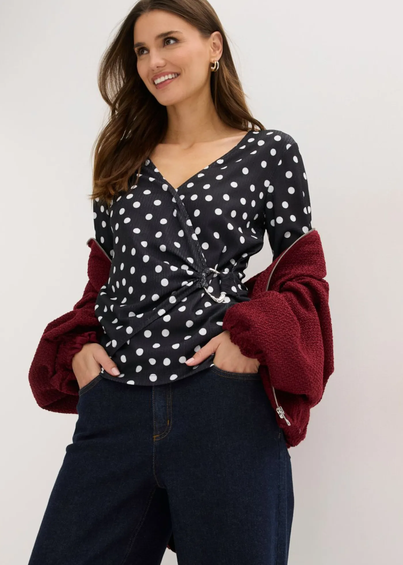 bonprix bonprix Camisetas>Camiseta de manga larga de punto estructurado negro - blanco topos