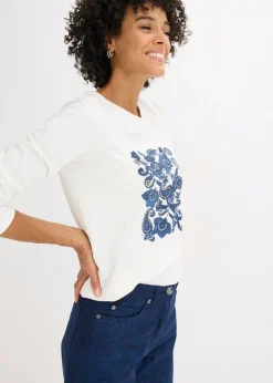 Mujer bonprix bonprix Camiseta de manga larga de algodón orgánico con estampado decorativo