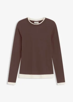 bonprix bonprix Camisetas>Camiseta de manga larga de mezcla de algodón marrón oscuro-blanco perla