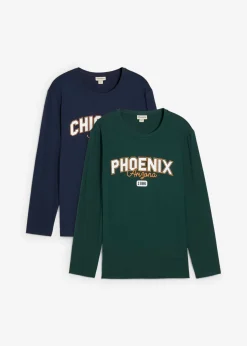 bonprix bonprix Camisetas Y Polos>Camiseta de manga larga de algodón orgánico puro (2 unidades) azul marino+verde intenso estampado