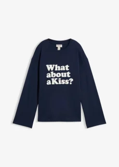 bonprix bonprix Camisetas>Camiseta de manga larga de algodón pesado Azul marino + blanco lana