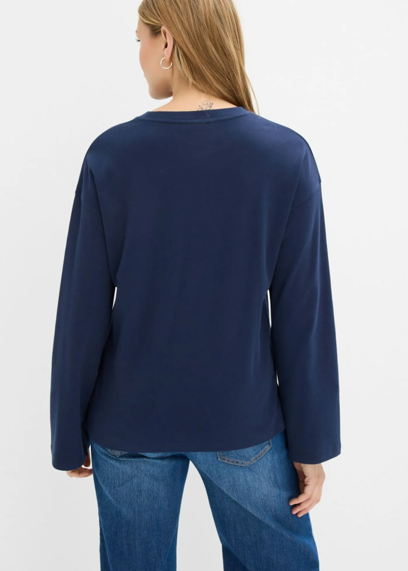 bonprix bonprix Camisetas>Camiseta de manga larga de algodón pesado Azul marino + blanco lana