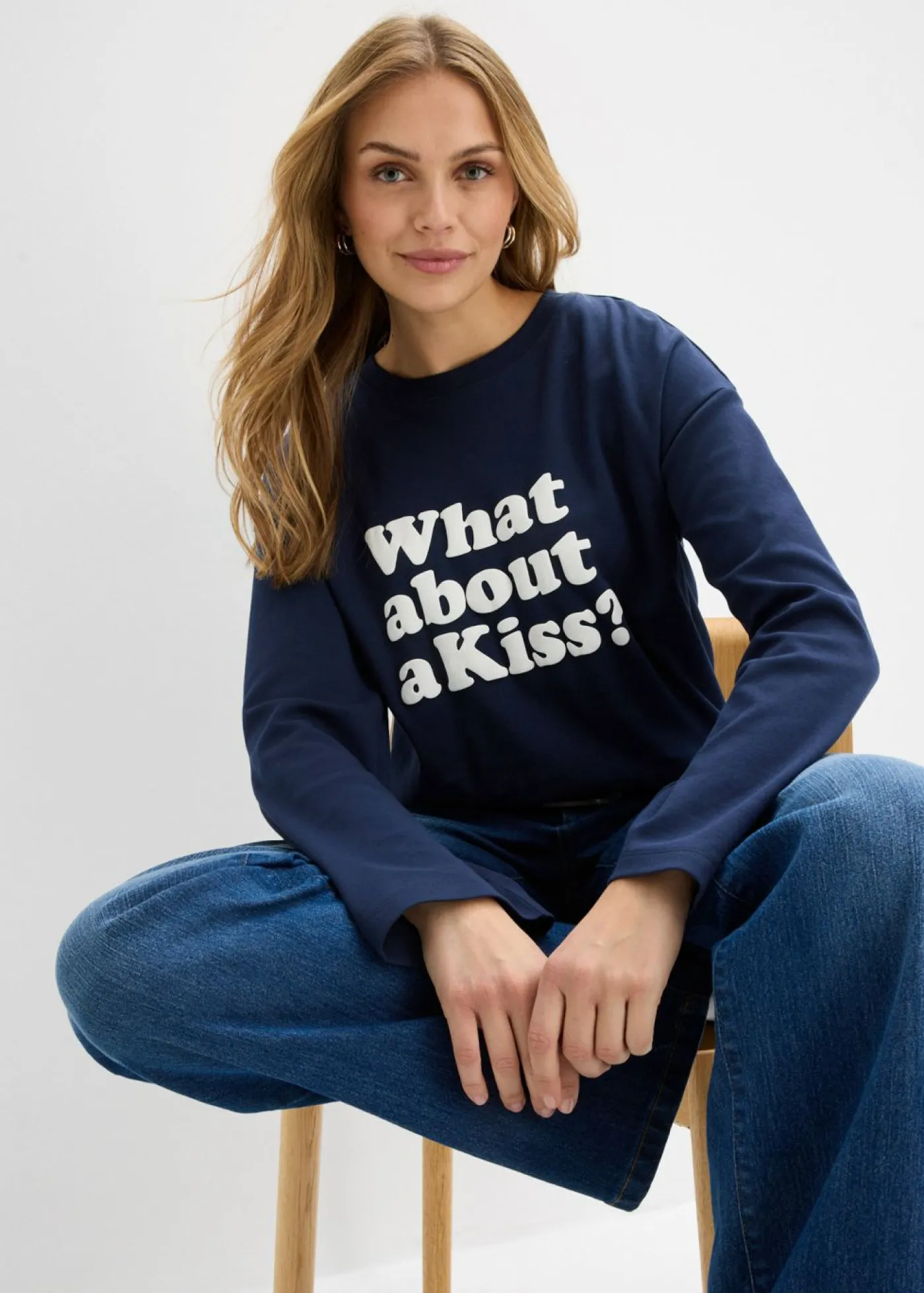 bonprix bonprix Camisetas>Camiseta de manga larga de algodón pesado Azul marino + blanco lana