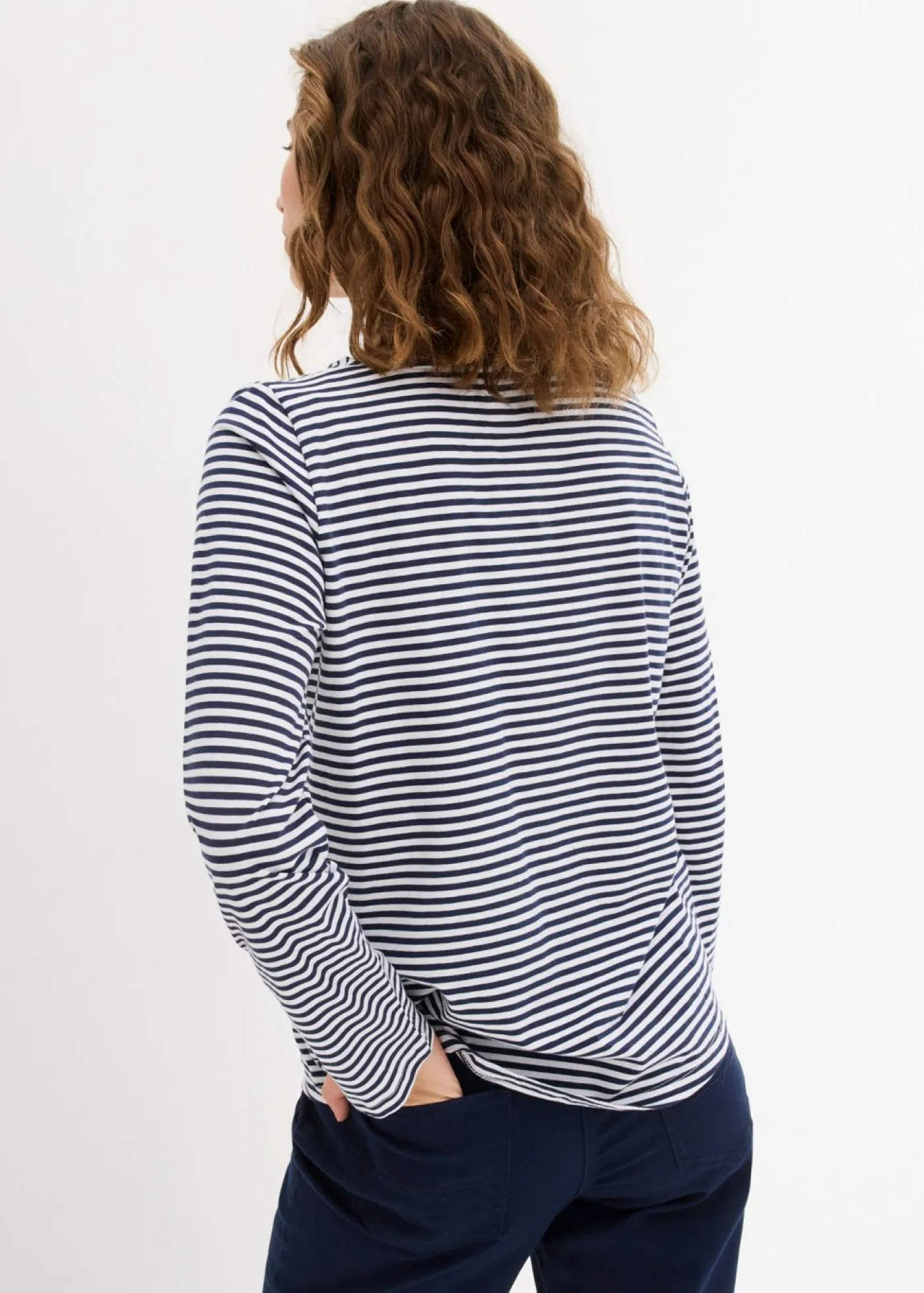 bonprix bonprix Camisetas|Novedades>Camiseta de manga larga de algodón puro Azul marino-blanco de rayas