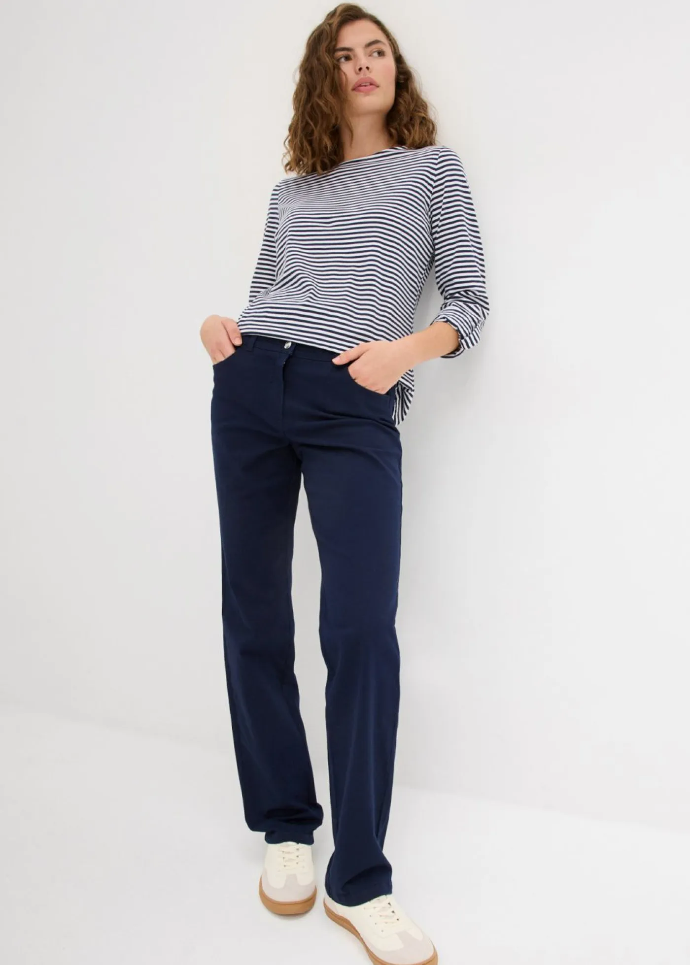 bonprix bonprix Camisetas|Novedades>Camiseta de manga larga de algodón puro Azul marino-blanco de rayas